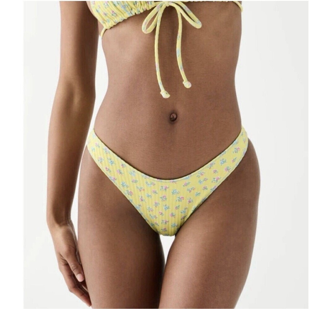 Frankie’s Bikinis pocket posies dove bottom Women’s Large Yellow Low Rise Swim